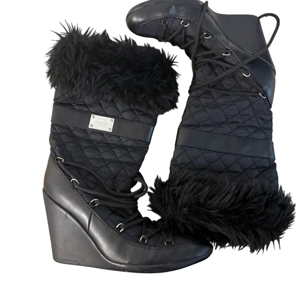 Guess Black Quilted Faux Fur Lace Up Wedge Tall Boots Women’s Size 6.5